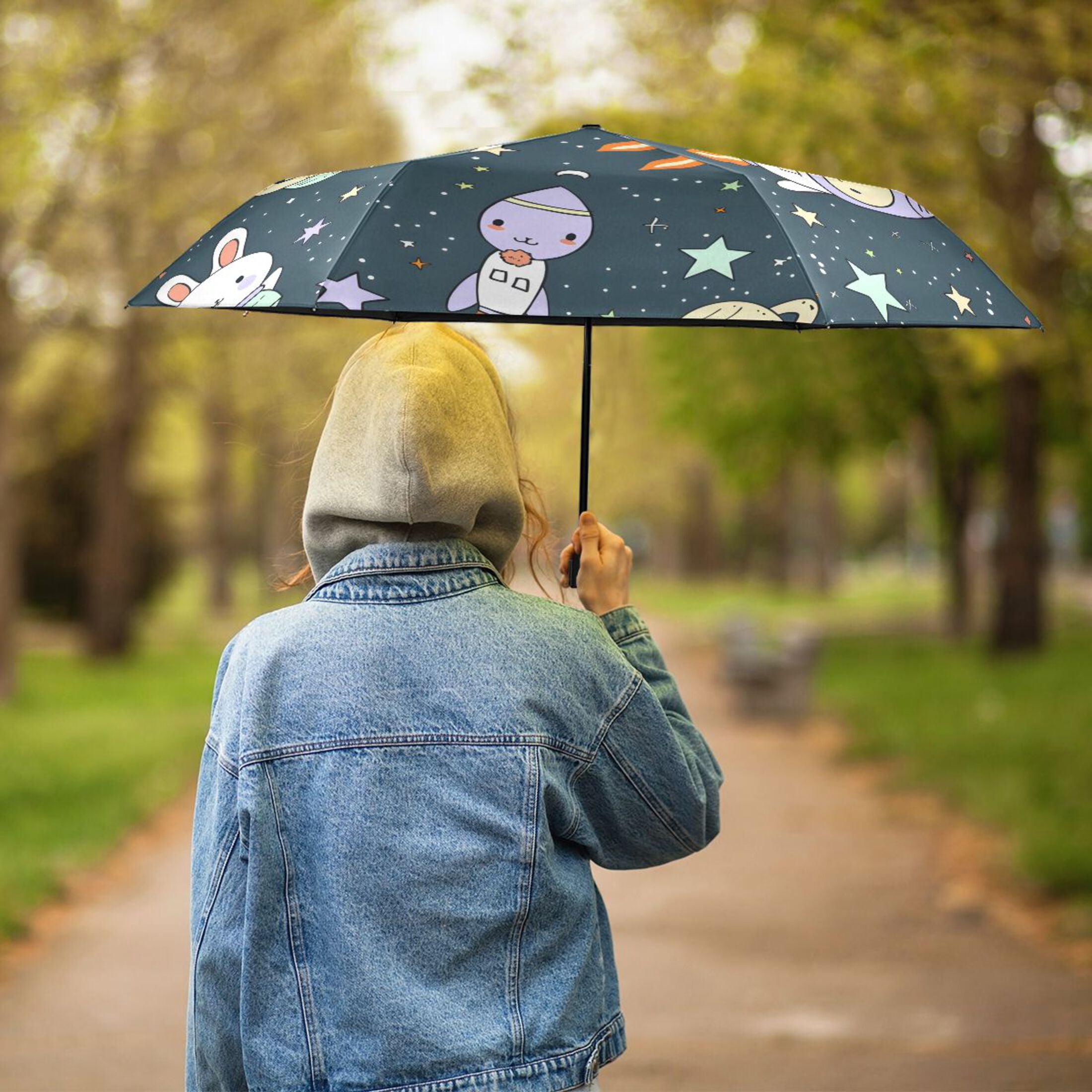 Cartoon Rabbit Star Planet Compact Sun Umbrella Windproof Travel Umbrellas for Rain Strong Portable UV Protection