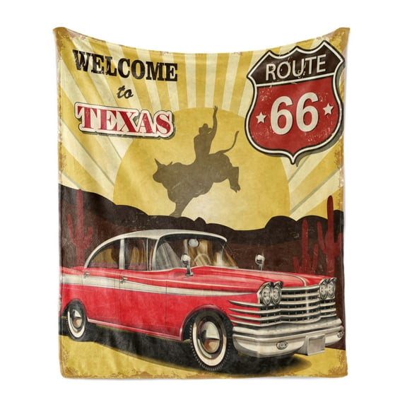 Vintage Soft Flannel Fleece Throw Blanket, Welcome to Texas Signboard Poster Cadillac Art Car Cowboys Town Rodeo Design, Cozy Plush for Indoor and Outdoor Use, 50" x 70", Multicolor, by Ambesonne