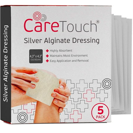 Care Touch Silver Alginate Wound Dressing - Antibacterial Alginate with Silver - 5 Individually Wrapped Sterile Dressings, 4.3
