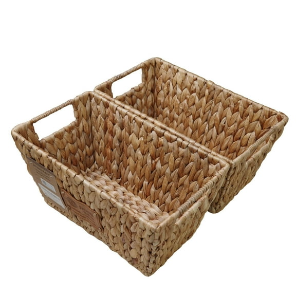 JAVANTI KAYU - Handmade Water Hyacinth Wicker Storage Basket with Handles – Trapezoid Organizer Bin for Shelves, Blanket, Bathroom, Closet – Stackable – 12x7x6" – Decorative & Durable (2, 12"x7"x6")