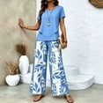 thumbnail image 5 of Guluxicc 2 Piece Women's Outfit Sets Crew Neck Short Sleeve Double Layer Hem Top Leaf Print Wide Leg Pants, 5 of 7