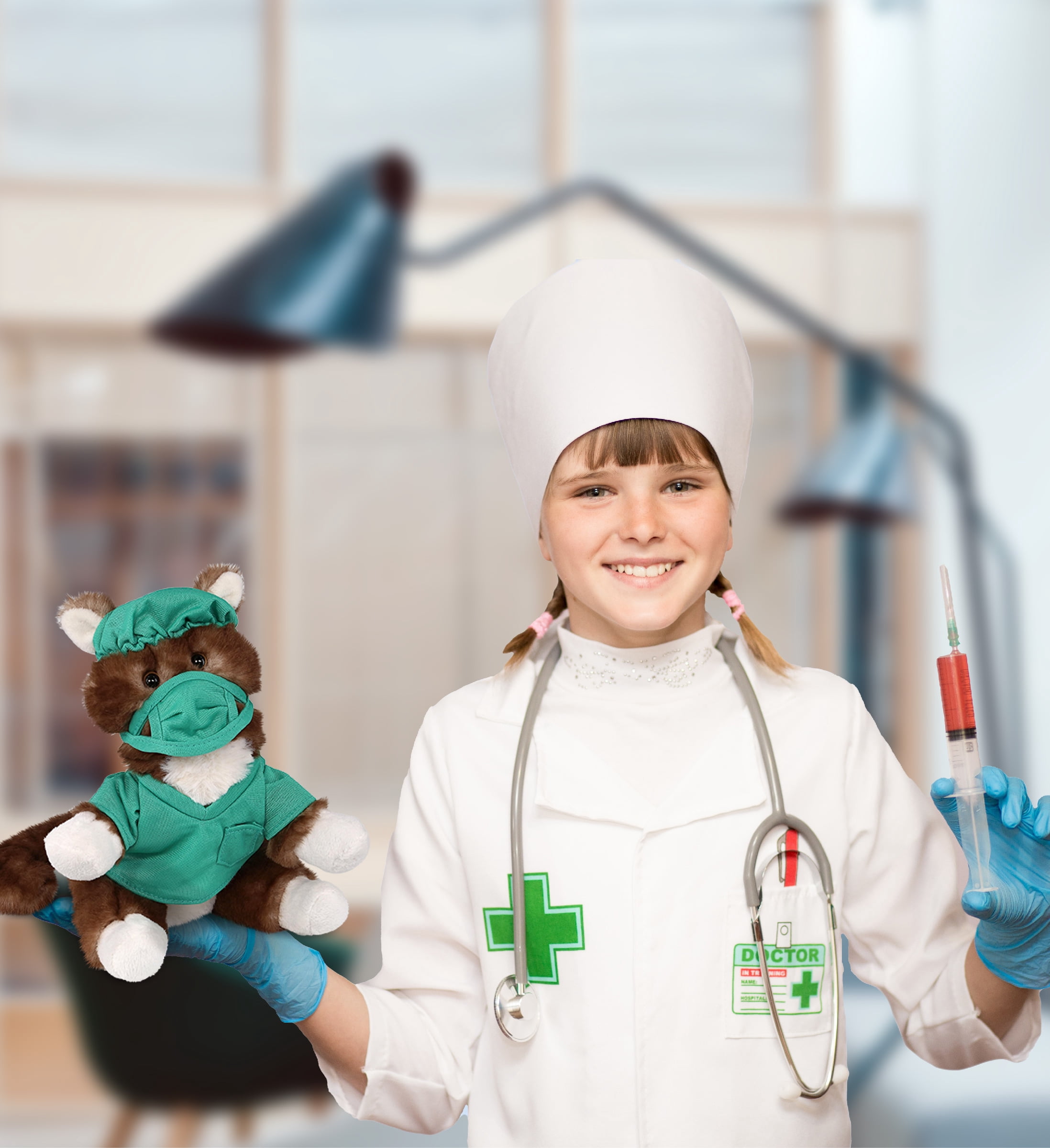 DolliBu Brown Cat Doctor Plush Toy - Super Soft Brown Cat Doctor Stuffed Animal Dress Up with Cute Scrub Uniform and Cap Outfit - Fluffy Doctor Toy Plush Gift - 7 Inches