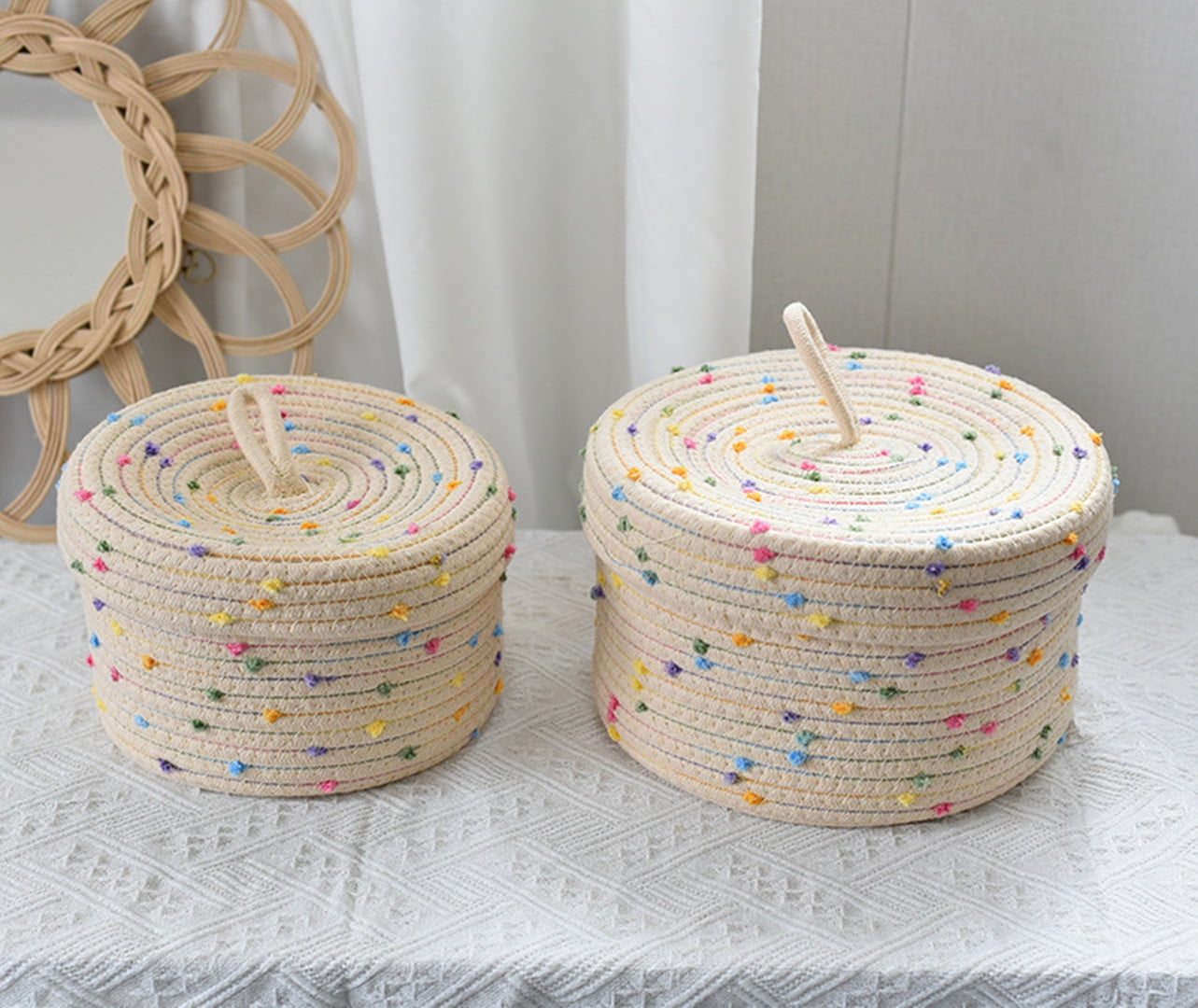 ZWHong 2-Pack Small Rope Basket with Lid, 10&8 Inch Round Woven Storage Baskets Set with Colorful Rainbow Pompom, 100% Natural Cotton Decorative Organizer for Home, Toys, Nursery