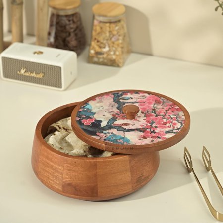 Handcrafted Enamel Coated Wooden Bliss Roti Box | Chapati Box for Kitchen | Hot Pot Casserole for Roti Server Tableware Serving | Case Roti Dabba with Lid (8.8 8.8 4.5 Inch)