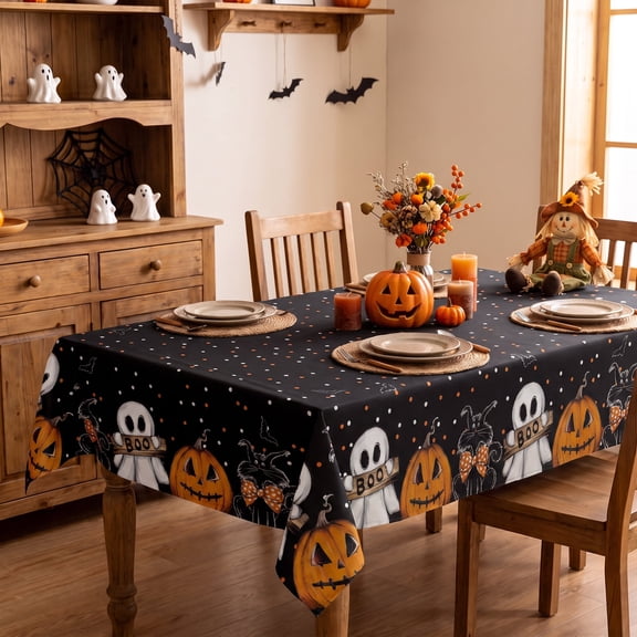 Sm:)e Ghost Cat Jack-O-Lantern Pumpkin Black Halloween Tablecloth 60 x 84 Inch, Wrinkle-Resistant & Machine Washable Table Cover for Dining Decor, Rectangle