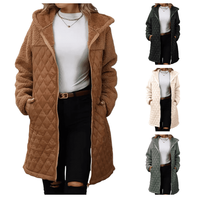 LOVZFMLL Jackets for Women Ladies' Trendy Solid Color Zipper Hooded Loose Medium Long Plush Jacket