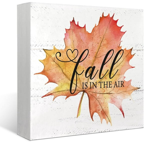 Zomyto 5x5 Inches Fall is in the Air Maple Leaf Autumn Harvest Thanksgiving Halloween Seasonal Wood Box Sign Desk Decor,Farmhouse Rustic Wood Block Plaque