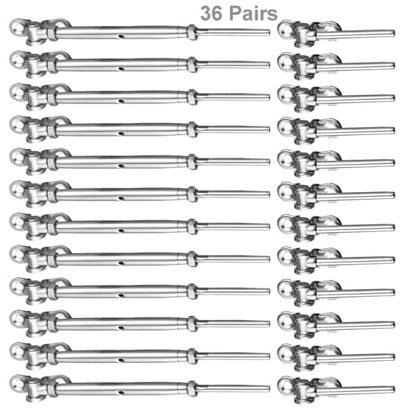 WAYSKA - Juego de 36 pares de barandillas de cable de acero inoxidable para cuerda de alambre de 1/8 pulgadas, ángulo de 180, tensor de palanca ajustable y ajuste de extremo T316, accesorios de barand
