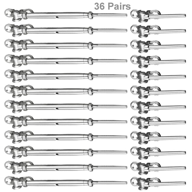 WAYSKA - Juego de 36 pares de barandillas de cable de acero inoxidable para cuerda de alambre de 1/8 pulgadas, ángulo de 180, tensor de palanca ajustable y ajuste de extremo T316, accesorios de barand