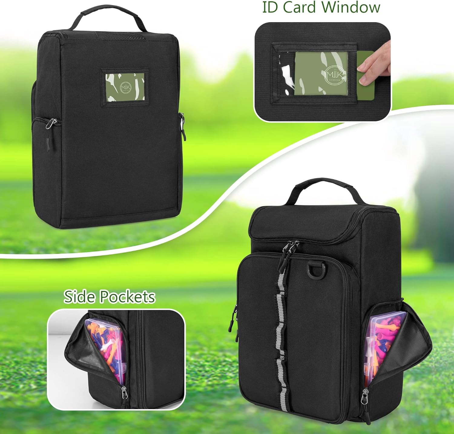 Golf Shoe Bag Holds A Pair of Shoes, Golf Shoe Carrier with Gloves Holders, Front and Side Accessory Pockets for Tees, Gloves and Ball, Black