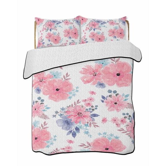 Twin XL Quilt Bedding Set, Pink Watercolor Floral Reversible Summer Quilt 3 Pieces, Spring Flower Abstract Art Lightweight Bedspreads Coverlets with 2 Pillow Shams for All Seasons