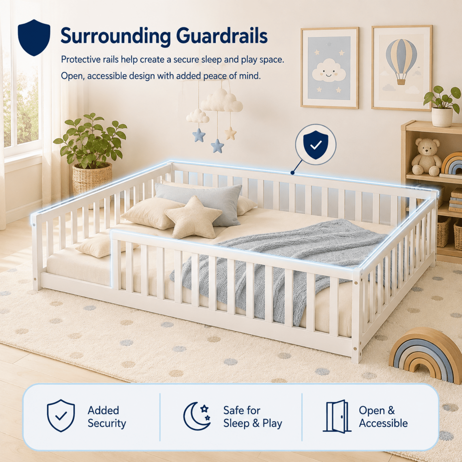 Miniyam Full Size Montessori Kids Floor Bed Frame, Wooden Bed with Fence Rails, White