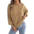 thumbnail image 2 of Women Solid Textured Cable Knit Off Shoulder Boat Neck Balloon Long Sleeve Loose Pullover Sweater Khaki S, 2 of 10