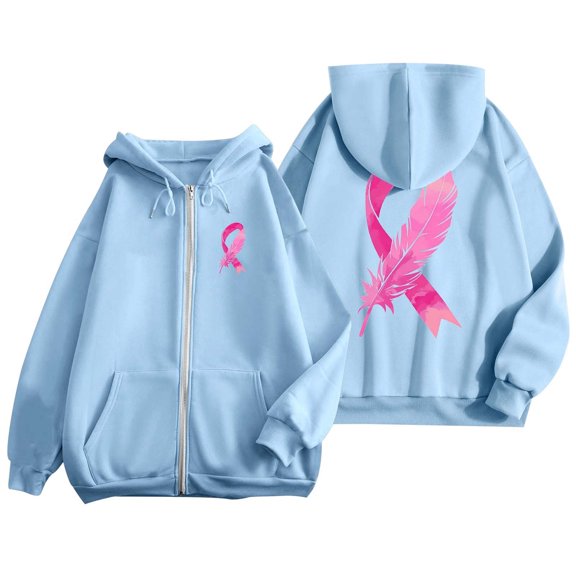 2024 Fashion Women's Autumn And Winter Cancer Day Ribbon Feather Print Zipper Long Sleeve Pocket Drawstring Casual Sports Hooded Sweatshirt Hooded Women Pullover Clothe Top Sweatshirt Hoodies Sleep