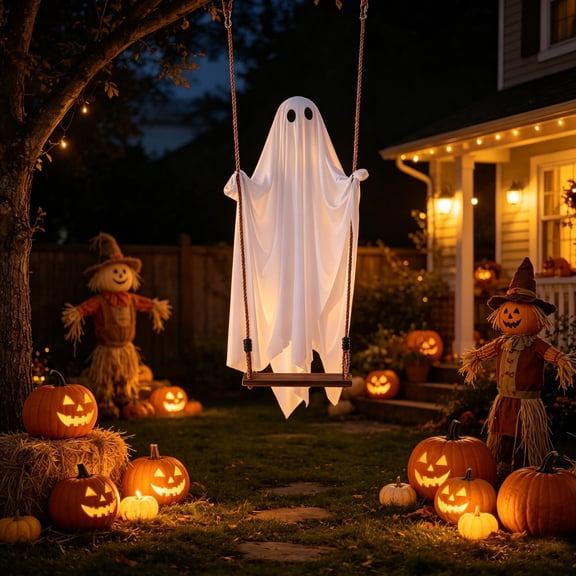 Swinging Ghost Outdoor Decor Halloween Decorations Outdoor -Hanging Ghost 80in Large Hanging Swing Ghost Halloween Decor with String Lights, Spooky Cute Ghosts Decorations for Front Porch Yard Tree
