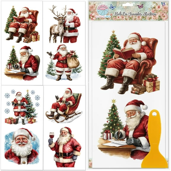 4 Sheets Santa Claus Colorful Rub on Transfers Christmas Tree Furniture Decor Transfer Stickers 11.8x5.9inch Snowflake Decals Stickers