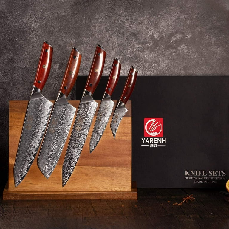  Damascus Kitchen Knife Set with Block, VG10 Damascus Steel,  Stain & Rust Resistant, Knives Set for Kitchen Included Chef Knife, Santoku  Knife, Paring Knife: Home & Kitchen