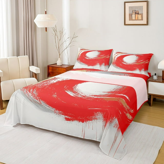 Erosebridal Ensemble de Draps Graffiti Simple, Ensemble de Literie Design Moderne Taille Simple, Ensemble de Draps Simple Rouge Blanc, Décoration de Chambre Ultra Douce, 3 Pcs