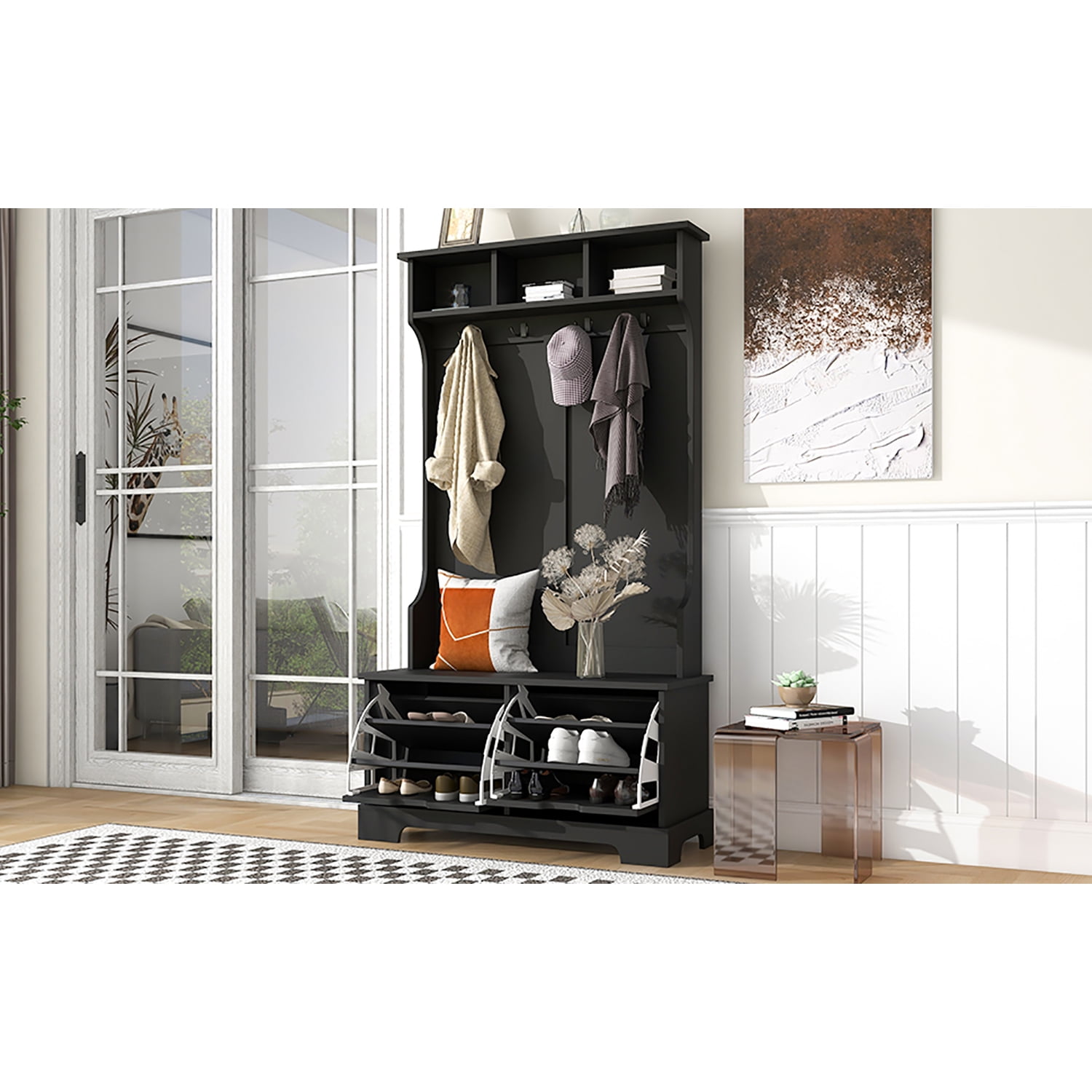Kadyn All in One Hall Tree, Wide Hall Tree with 3 Top Shelves and 2 Flip Shoe Storage Drawers, Mudroom Hall Tree with Storage Bench and Metal Hanging Hooks, Black
