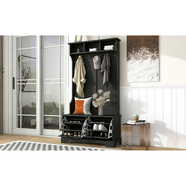 Hommoo Modern Hall Tree, All in One Hall Tree with 3 Top Shelves and 2