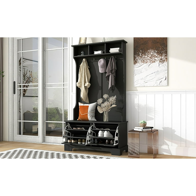 Kadyn All in One Hall Tree Wide Hall Tree with 3 Top Shelves and 2 Flip Shoe Storage Drawers Mudroom Hall Tree with Storage Bench and Metal Hanging Hooks Black Walmart