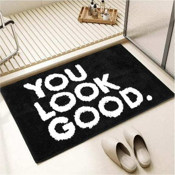 Hewann Microfiber Bathroom Rug You Look Good Bath Mat - Black & White Non-Slip Microfiber Plush Bathroom Rug, Ultra Absorbent, Soft, Washable, for Bathtubs, Sinks, & Apartment Decor - 20"x32"