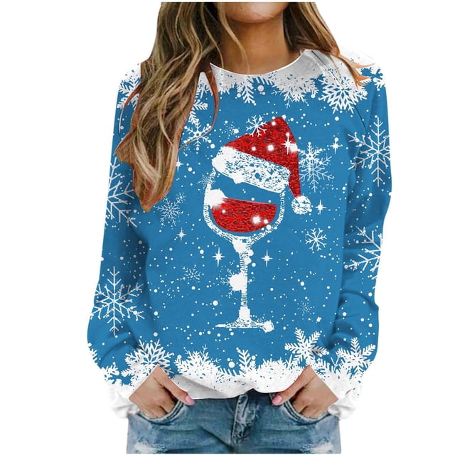 Besolor Chandail en Molleton de Noël à Col Rond pour Femmes Imprimé Verre de Vin Manches Longues Mode Flocon de Neige Graphique