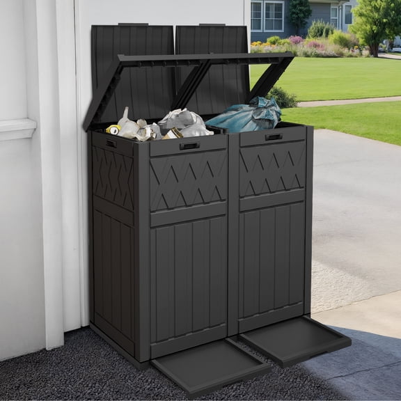 Uforic 62 Gallon Double Compartment Outdoor Trash Can, Waterproof Resin Garbage Bin with Tiered Lid and Drip Tray for Patio, Deck, Backyard, Black