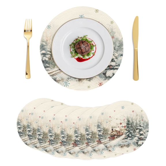 Christmas Round Placemats Set of 8, Braided Polypropylene Place Mats, Train Xmas Tree Snowflake Balls Washable Table Mats for Kitchen Dinner Holiday Wedding Party Coffee Table Decoration 15"