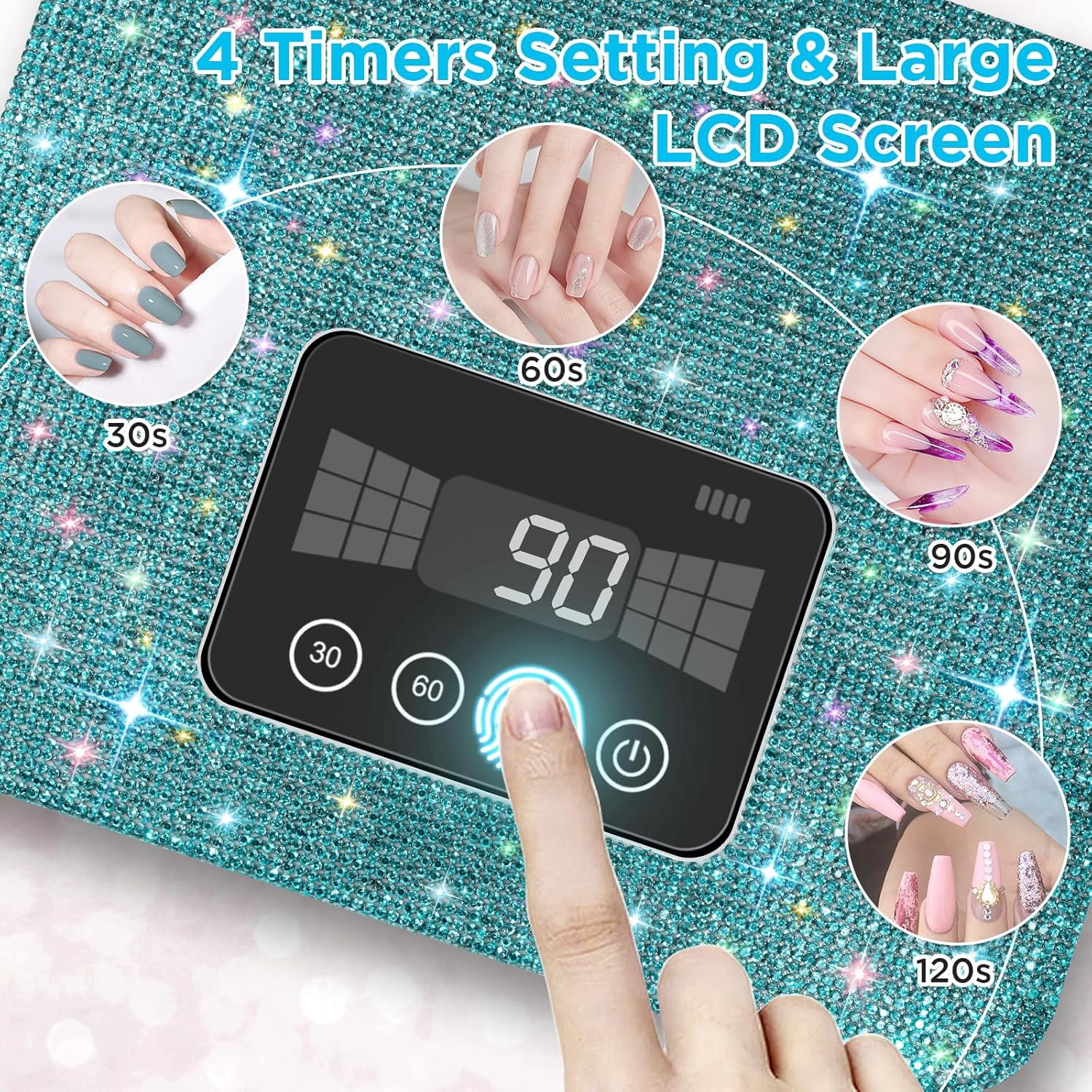 Cordless UV Nail Lamp, 120W Rechargeable UV Light for Gel Nails, LED Nail Light with 4 Timer Modes, Nail Dryer Fully Decorate with Sparkling Nail Rhinestones Diamond