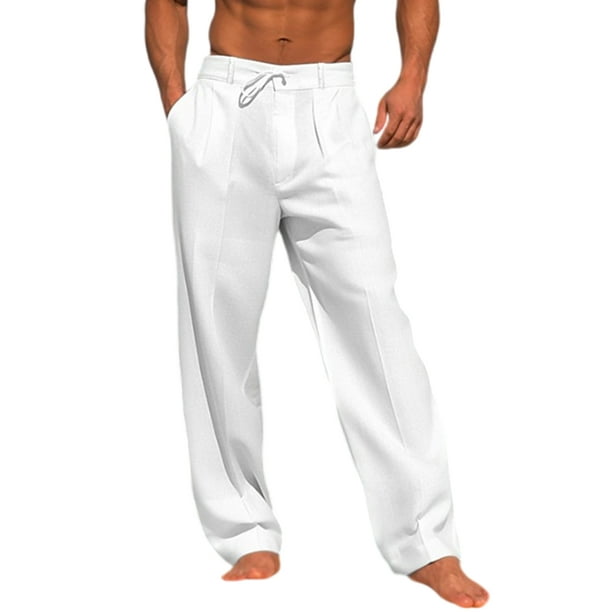 Men's Cotton Linen Pants Casual Elastic Waist Longue Beach Pants Loose  Lightweight Drawstring Sports Trousers with Pockets