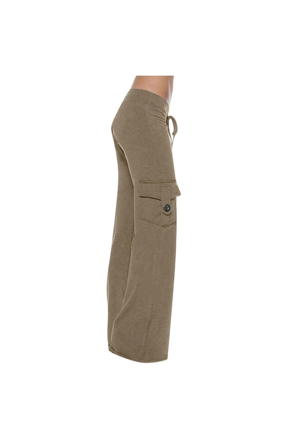 Wide Leg Cargo Pants for Women,Women High Rise Yoga Leggings with Pockets Cargo Yoga Pants for Women Plus Size Drawstring Straight Leg Pants Khaki #4 L