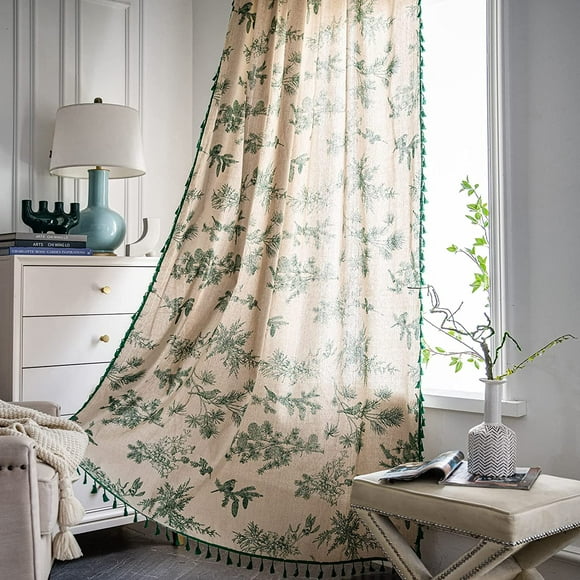 AIR-Bohemian Curtains Floral Semi Sheer Drapes 96 Inch Length Cotton Linen Farmhouse Curtain Panels with Tassel Green Botanical Print Rod Pocket Room Darkening Curtain for Living Room Bedroom, 2 Pane