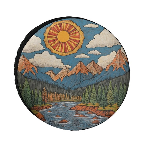 Camping Spare Tire Cover 12in Rocky Mountains with Sun And Clouds Wheel Protectors Tire Covers Weatherproof Wheel Covers Forest Landscape Mountains Universal Fit for Trailers SUV Truck Camper Travel