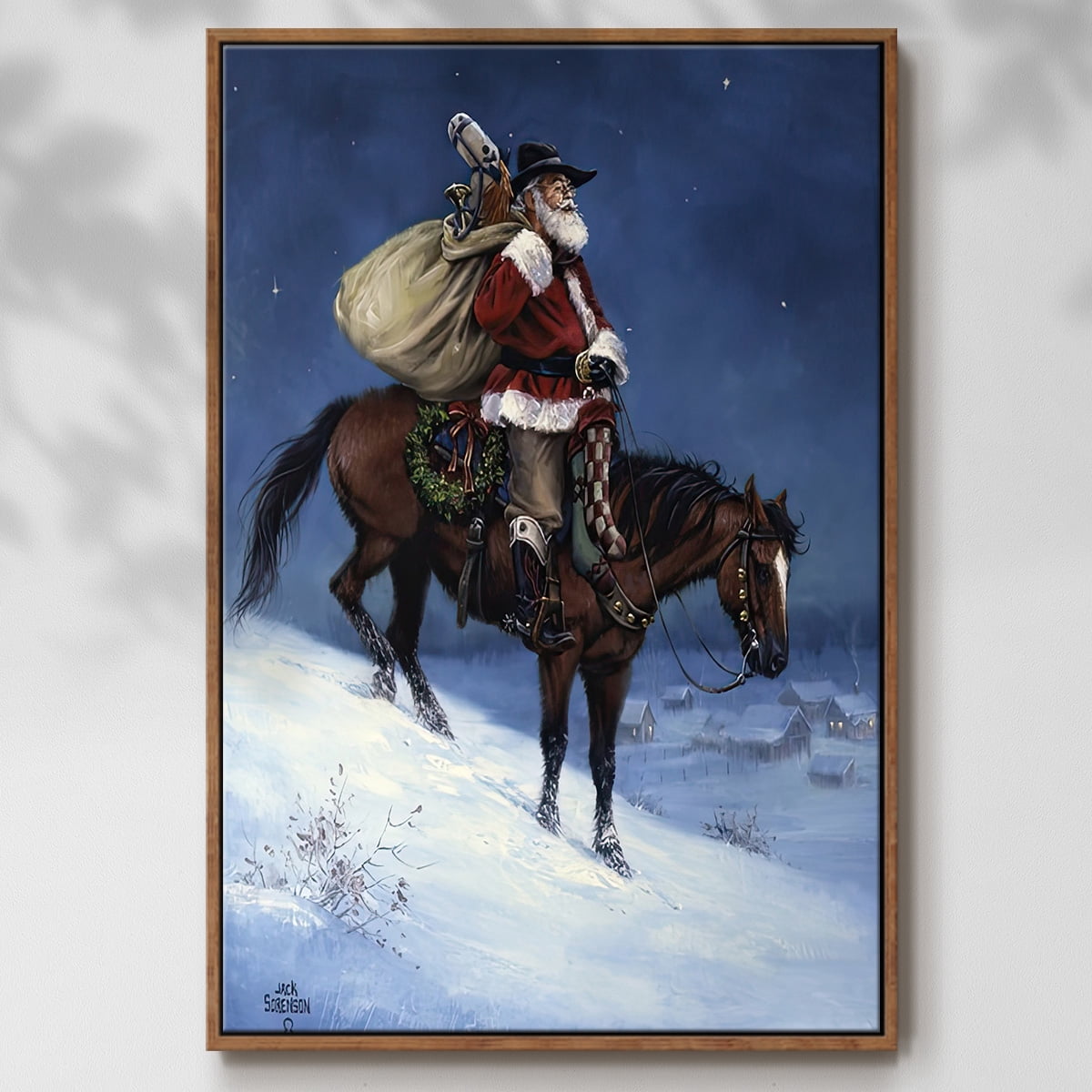 A Cowboy Christmas - Framed Gallery Wrapped Holiday Canvas - 25 x 37 - Rosewood Frame