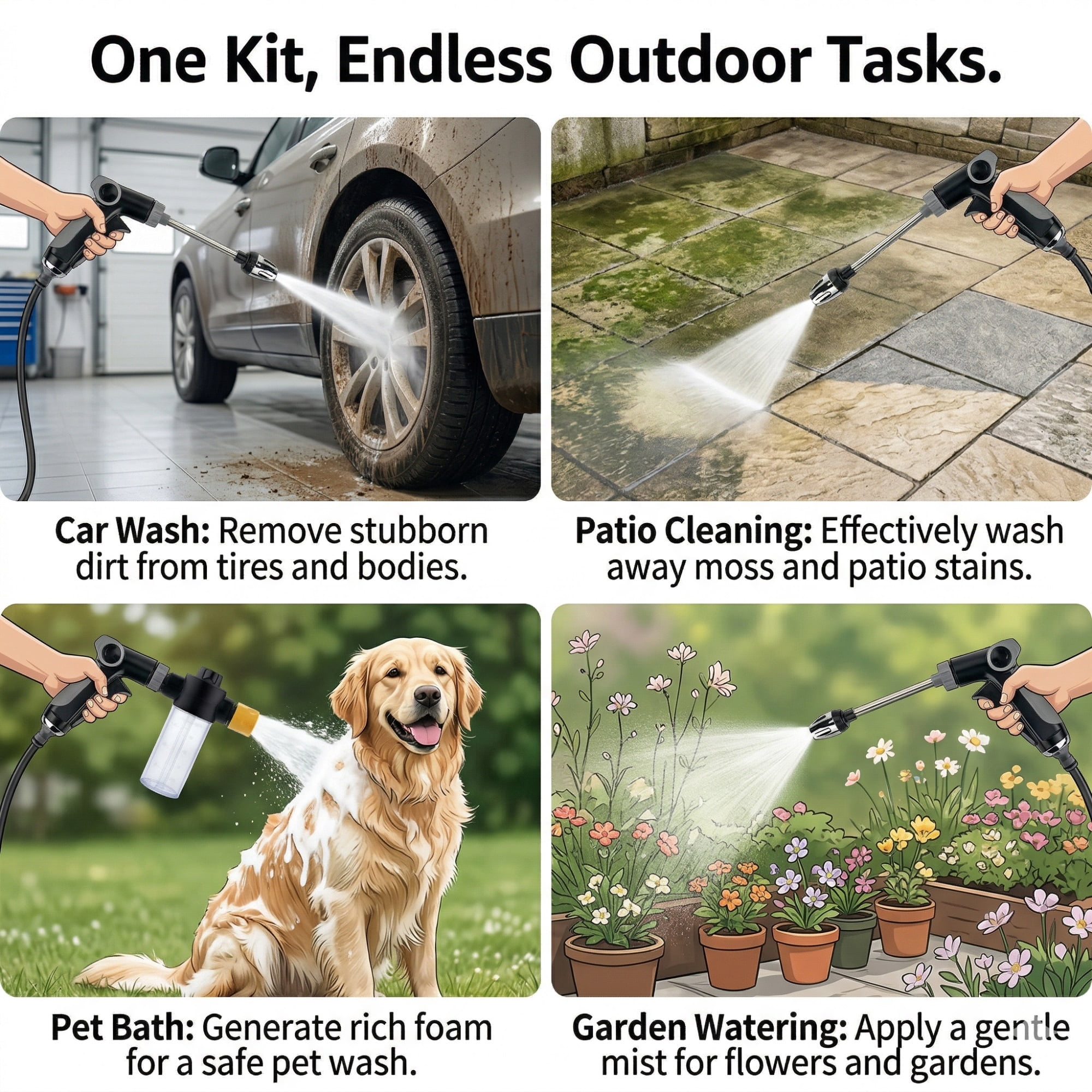 Heavy Duty High Pressure Garden Hose Nozzle - Power Washer Wand Attachment for Standard 3/4" Hose - Adjustable Spray Nozzle for Car Wash, Patio Cleaning, Pet Shower & Plant Watering - Leak-Proof