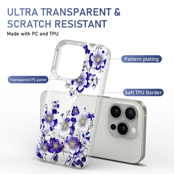 Allytech iPhone 14 Case Clear, Colorful Floral Trendy Transparent Back Cover for Girls Women Shockproof Bumper Slim Fit Phone Case for Apple iPhone 14 - Blue Blossom