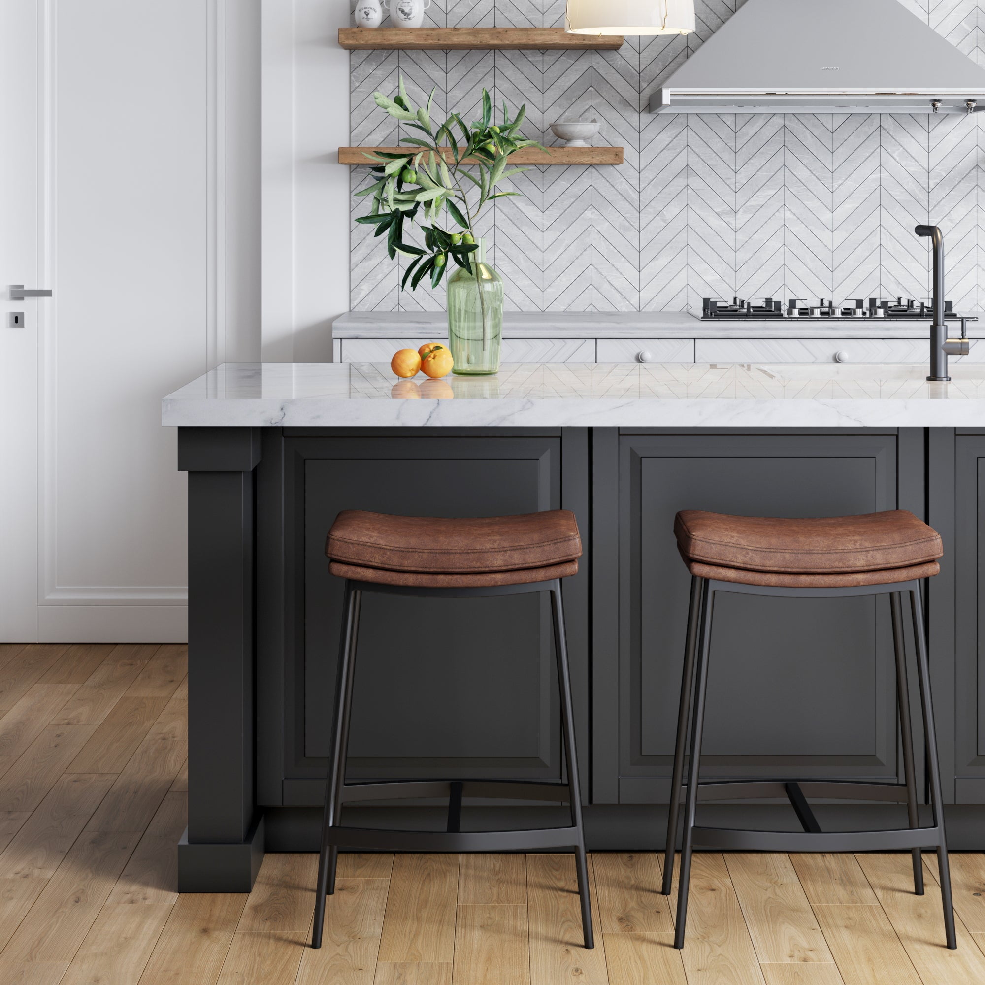 Nathan James Arlo Modern Backless Upholstered Kitchen Counter Bar Stool with Double-Layered Saddle Seat and Black Metal Base, Brown/ Matte Black, Set of 2