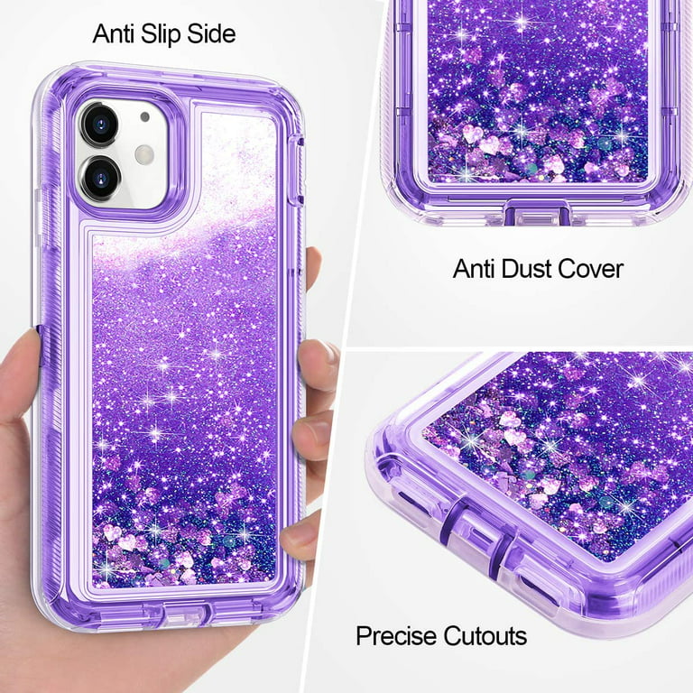 Kuteck for Apple iPhone 13 Pro 6.1 inch Tough Defender Sparkling Liquid Glitter Heart Case Cover Pink/Purple