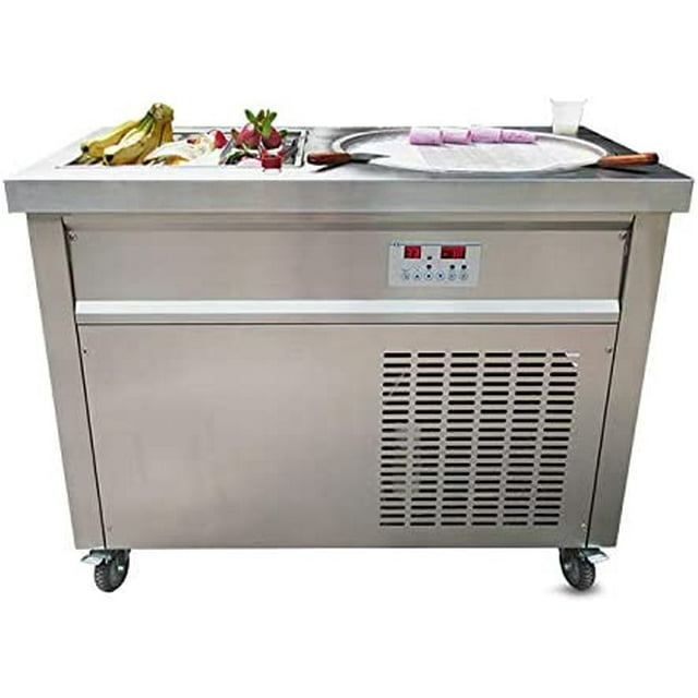 Kolice machine Commerciale pour Rouleaux de Crème Glacée Frite ETL avec un Plat Rond Simple de 22 Pouces et six Seaux Réfrigérés. Comprend un Dégivrage Automatique, un Contrôle Intelligent de la Température par IA et un Pare-Éternuement Entièrement transparent. le Corps en Acier Inoxydable Abrite un Panneau de Commande, Quatre Roues avec Freins et un Compresseur Panasonic pour un Refroidissement Efficace. Idéal pour la Préparation de Desserts dans les bars, Cafés, Magasins de Thé au Lait, restaurants, Hôtels et Boulangeries.