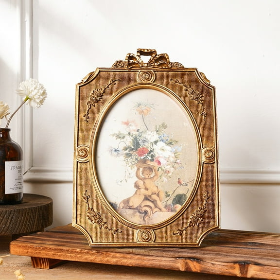 Antique 5X7 Picture Frame Vintage Designs with Resin and HD Glass, Table Top Display and Wall Hanging Home Decor,Gold