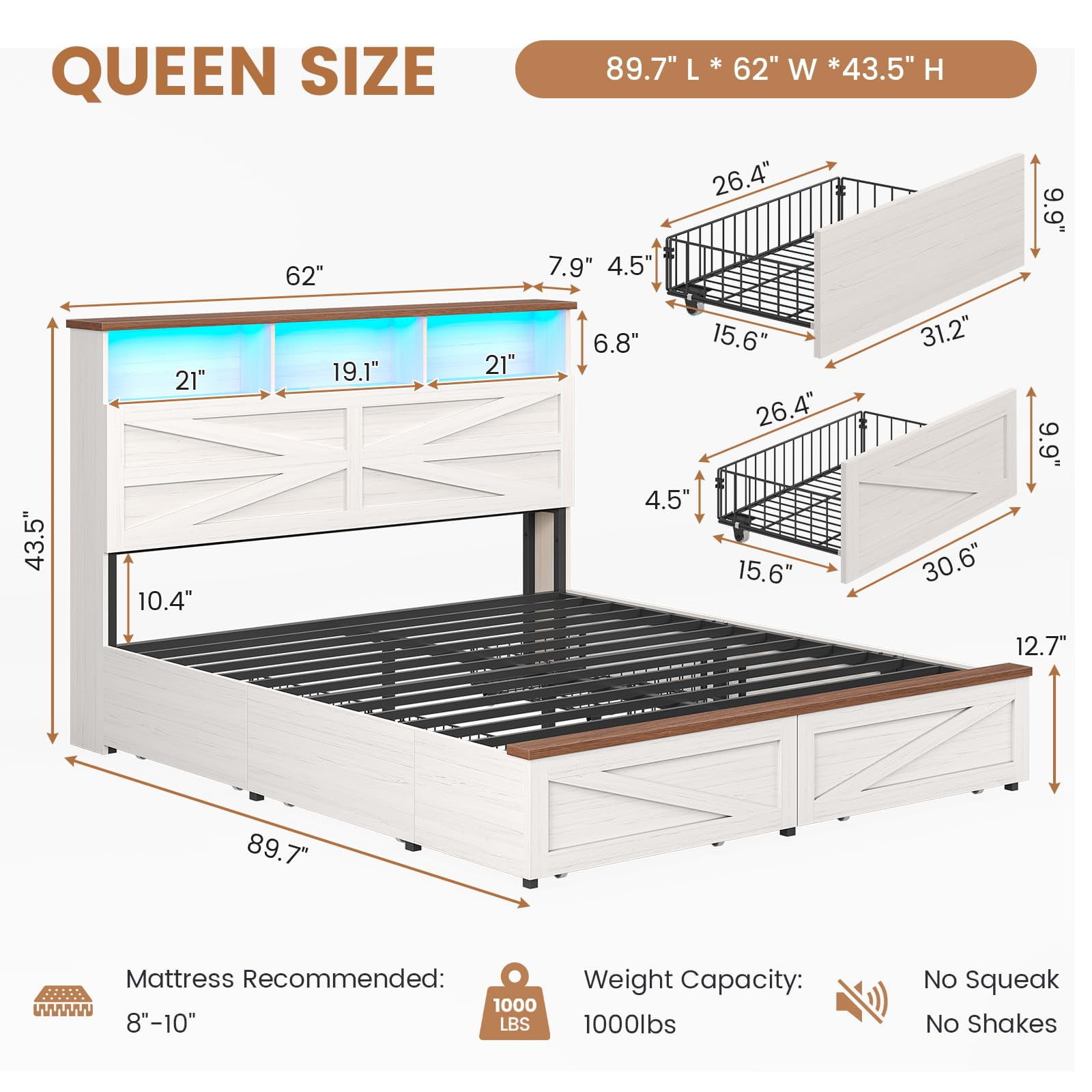 Queen Bed Frame with 6 Drawers, Farmhouse Bed Frame with Barn Door Headboard and Storage, Wood Platform Bed Frame Queen Size with Charging Station and LED Lights, No Box Spring Needed, White