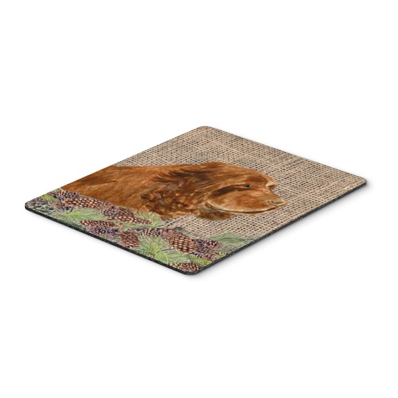 "Sussex Spaniel on Faux Burlap with Pine Cones Mouse Pad Hot Pad or Trivet"