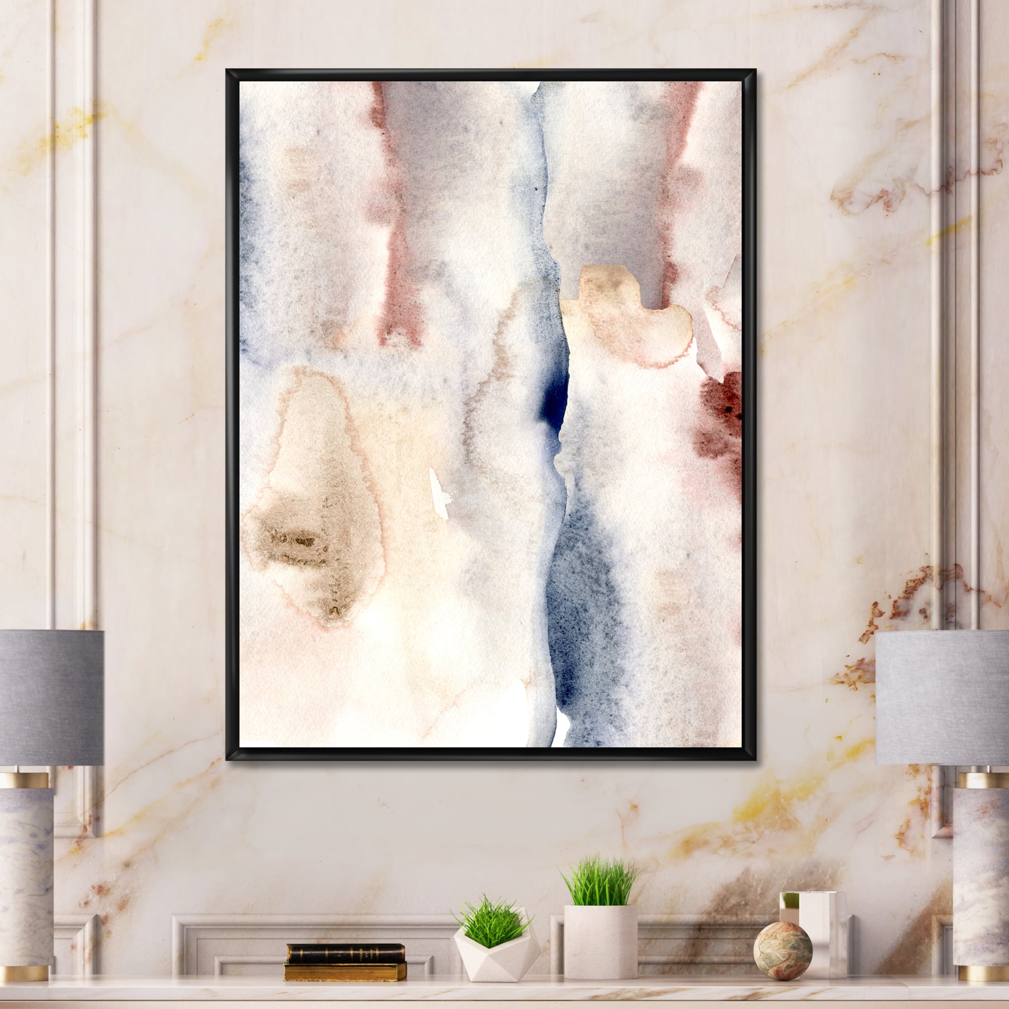 Pastel Abstract With Pink Dark Blue and Gray Spots 30 in x 40 in Framed Painting Canvas Art Print, by Designart