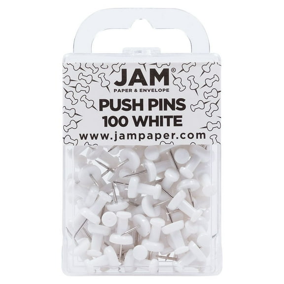 JAM Paper Colorful Push Pins, White Push Pins, 1in, 100/Pack