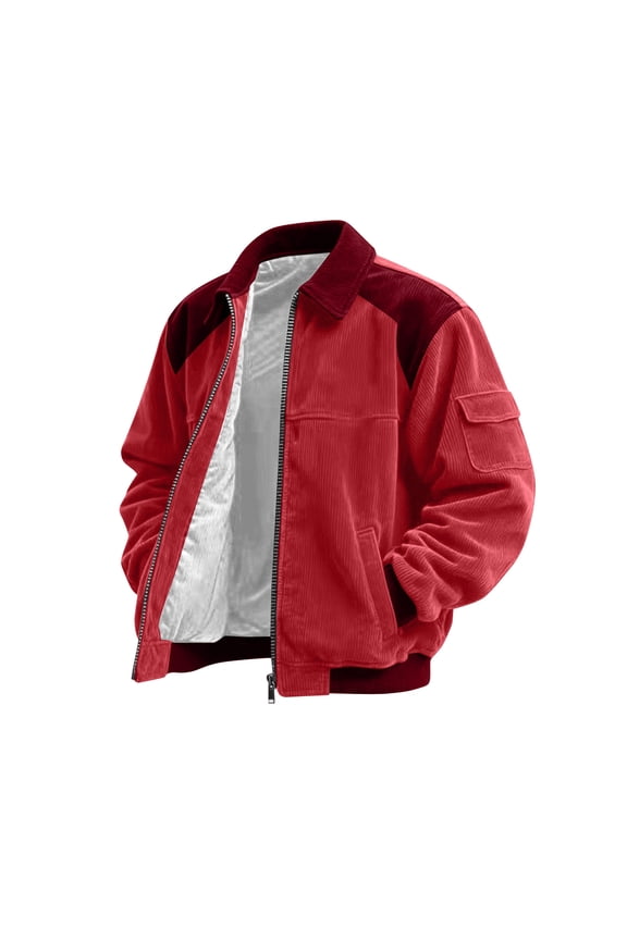 Bomber Jacket Men Zip Up Lightweight Corduroy Jackets Casual Stylish Fall Winter Coats Windbreaker Clothing with Pockets Red L