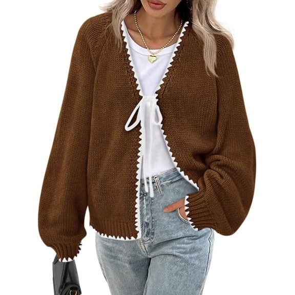 PRETTYGARDEN Womens Fall Cardigan Sweaters Long Sleeve Open Front Tie Knit Loose Cute Lightweight Sweater