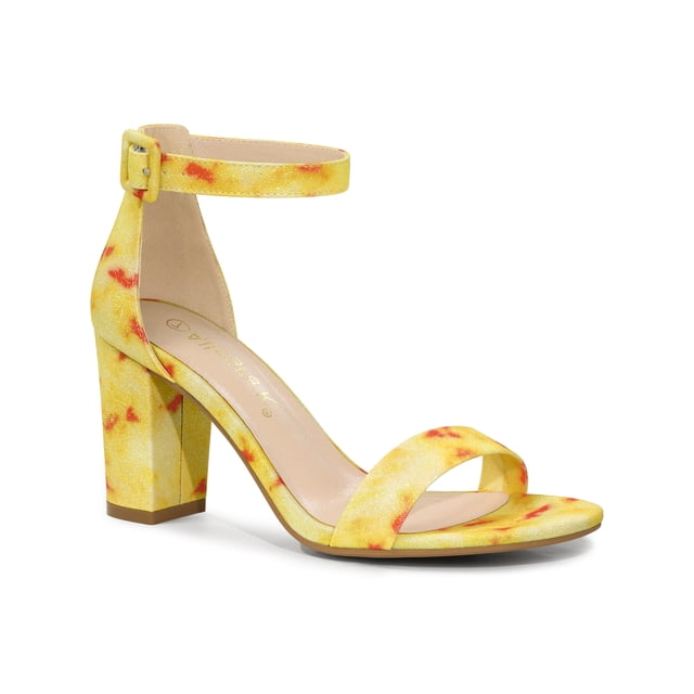 BLISSFUL STEP Women's Shoes Solid Color Open Toe Block High Heels Summer Sandals Yellow 7