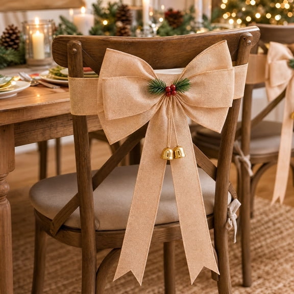 Christmas Chair Sashes Bows with Jingle Bells,Chair Covers, Adjustable Backs, for 15-19.6'' Chairs, Rustic Christmas Chair Decorations, Farmhouse Kitchen Decor