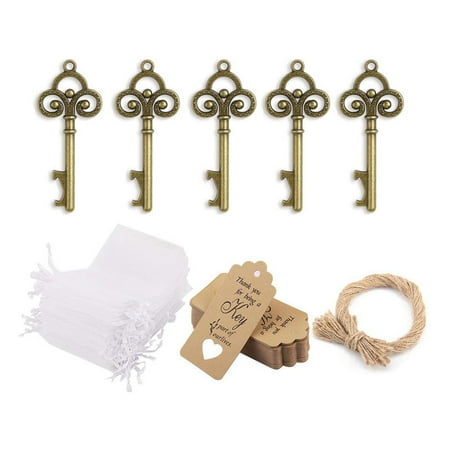 

50 Pcs Skeleton Key Opener with Tag Cards Sheer Bag for Guests Wedding Party Favors Gifts